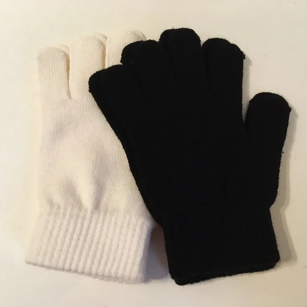 Black White Kids Gloves 2 Pair Boys Girls Children Unisex Knitted Stretch